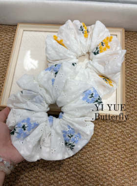 手工精致刺绣蓝色黄色碎花桂花大肠发圈女头饰扎头发超大发绳韩国