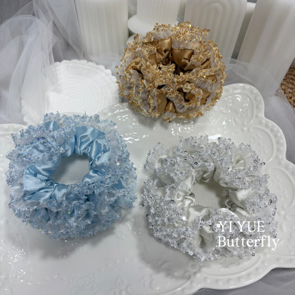 鎏金超饱满重工手作复古花苞绣球双层发圈花边大肠发圈头花头发绳