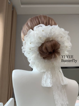 梦中婚礼超重工珍珠蕾丝大肠发圈女扎丸子头发头绳芭蕾风气质头饰