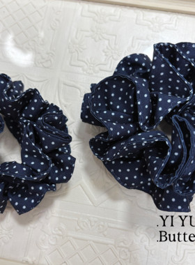 复古蓝色小波点发圈韩系气质褶皱头绳简约外出盘发皮筋发饰女皮套