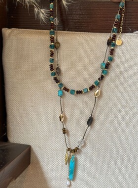 新中式天然石绿松石虎眼石水晶串珠项链叠戴复古款小众秋冬锁骨链