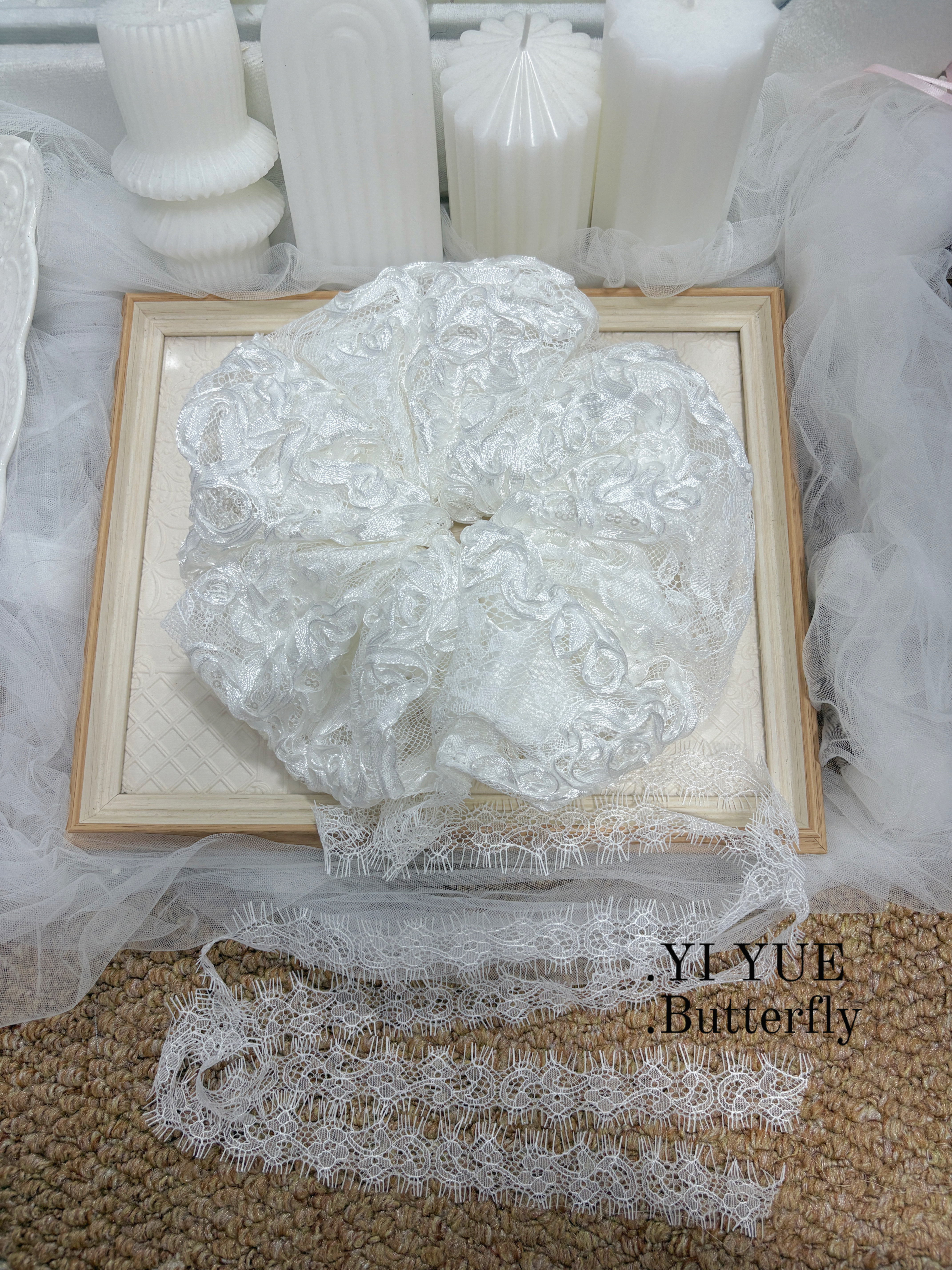 巨无霸~ 白色蕾丝飘带设计大肠发圈新娘发饰发绳扎头发丸子头饰品