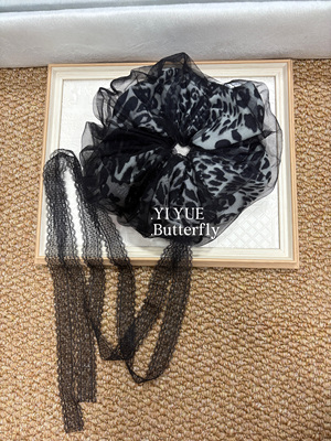 天总同款超大黑纱豹纹发圈双层网纱设计大肠圈重工发饰飘带大发圈