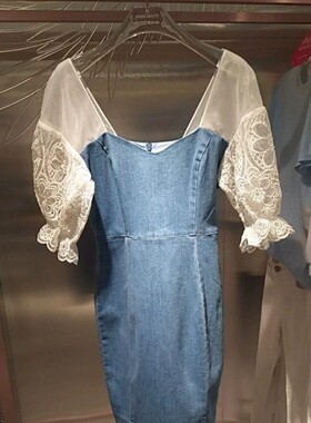 专柜直发2020夏季新款高收腰泡泡袖牛仔连衣裙女 m-602DJ3610000