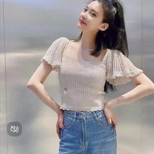 专柜直发2022夏季 女亮片刺绣方领飞飞袖 针织衫 6W2RJ1800000 新款