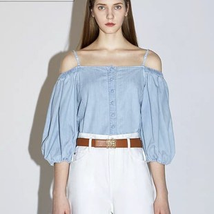 专柜直发2020夏季 牛仔衬衫 一字肩吊带泡泡袖 602XJ2670000 新款
