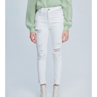 专柜直发白色破洞牛仔裤女高腰显瘦紧身小脚铅笔裤子601JJ210000