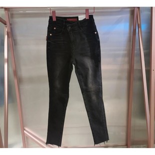 专柜直发2022女不对称斜腰头黑灰色超紧身铅笔裤 6W3JJ3070800