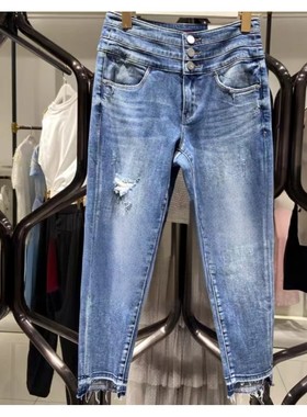 专柜直发2020夏季新款高腰破洞七分裤子牛仔裤女 m-602JJ2140000