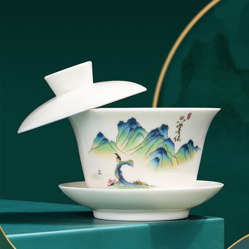 羊脂玉白瓷三才盖碗茶杯白瓷陶瓷