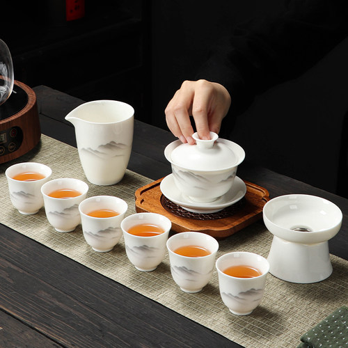 羊脂玉瓷水墨远山盖碗茶杯套装茶