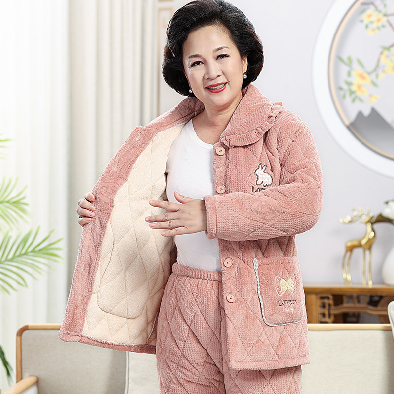 睡衣女士秋冬季三层加厚加绒珊瑚绒夹棉袄保暖中老年妈妈家居服款