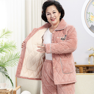 妈妈睡衣女秋冬季加绒加厚珊瑚绒夹棉中老年可外穿保暖家居服套装