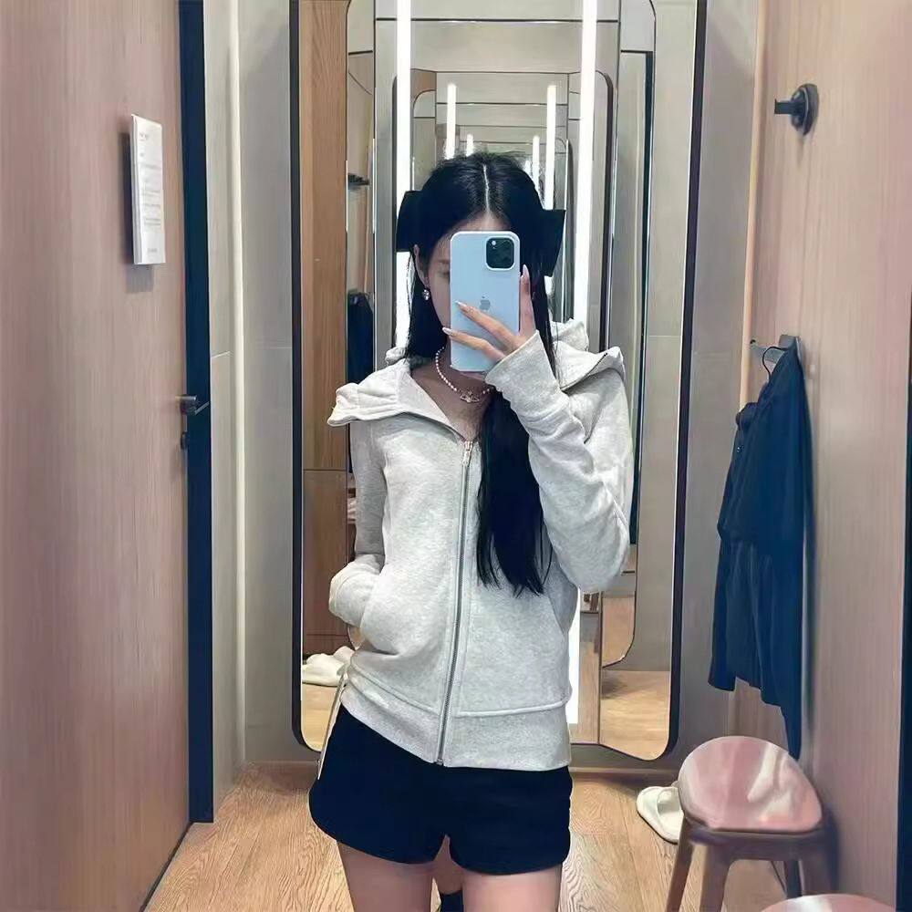 美式连帽灰色卫衣女2025年春秋新款外搭休闲上衣带帽外套女款开衫