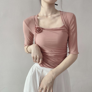 复古小众纯欲玫瑰花古典舞练功服舞蹈服上衣纱衣女成人方领身韵服