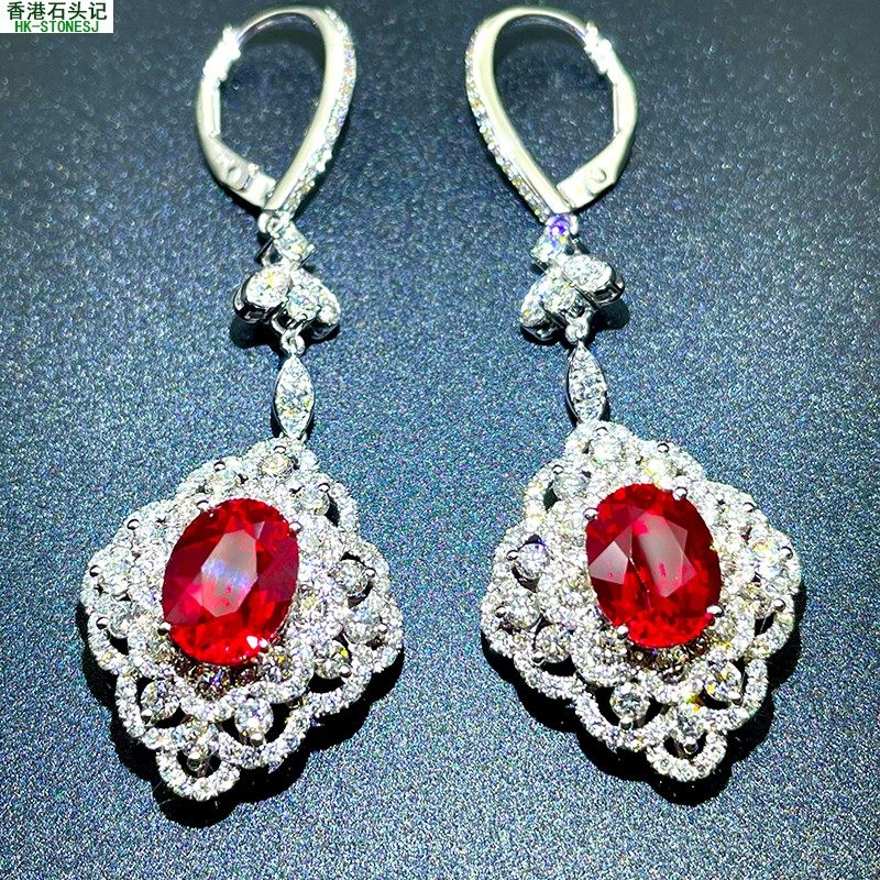 11年老店 厂家直销 培育鸽血红宝石 18K白金耳环 时尚 旦形 6克拉