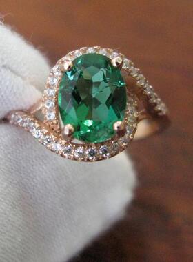 水热法再生祖母绿 深绿色 女款戒指 925银白 8X6MM 旦形 超美超值