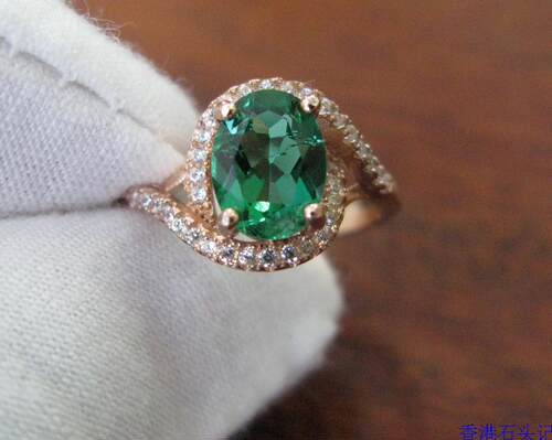 水热法再生祖母绿 深绿色 女款戒指 925银白 8X6MM 旦形 超美超值