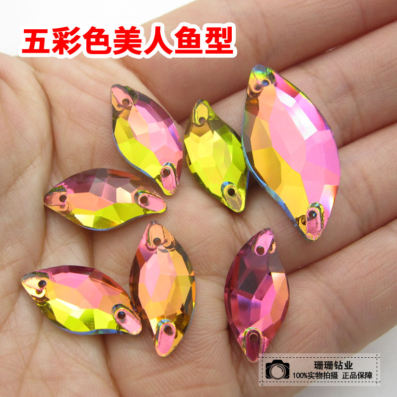 超闪平底双孔美人鱼型手缝钻婚纱鞋水晶石装饰贴钻拉丁舞钻五彩色