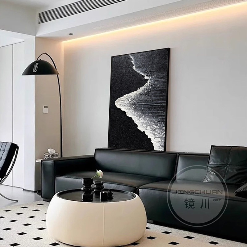 黑色海浪现代高级感沙发背景墙装饰画入户玄关挂画极简餐厅艺术画,家居饰品,现代装饰画,淘宝优惠券,粉丝福利购,淘宝优惠卷