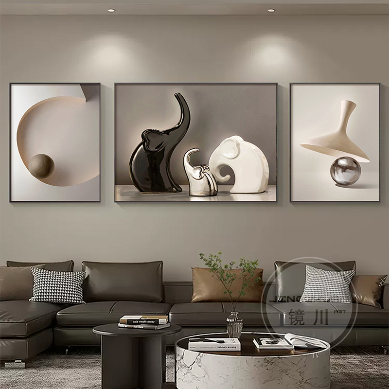 现代简约吉象如意高级感黑白灰客厅三联装饰画意式极简艺术画挂画