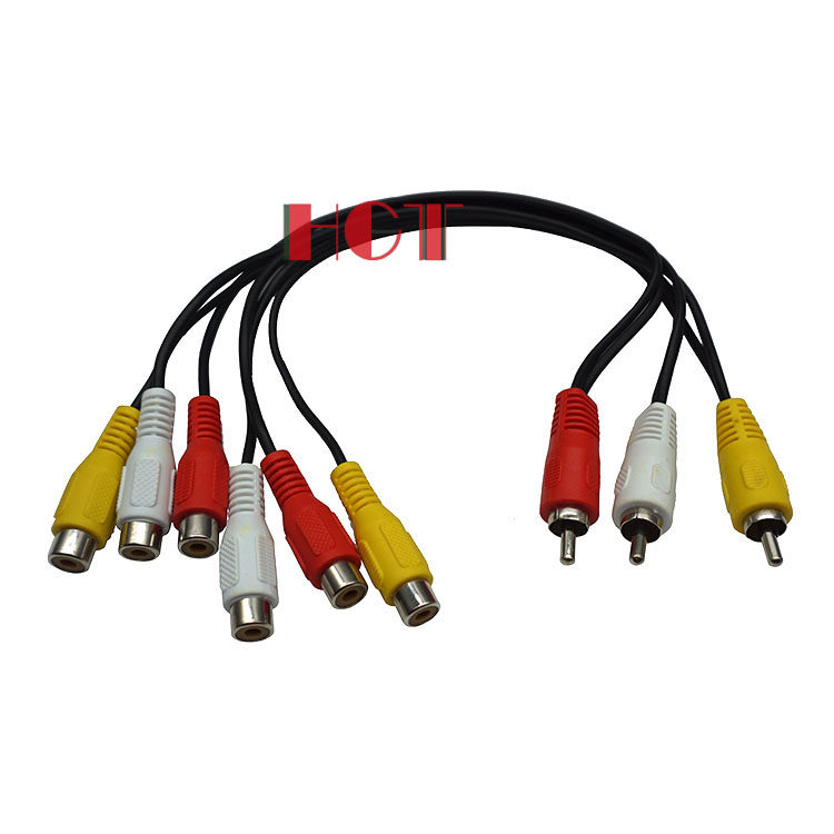 AV一分二线 莲花头3公对6母 DVD 机顶盒连接电视 RCA一拖二视频线