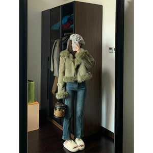 2024新款皮毛一体外套麂皮绒短款机车服女显瘦韩版休闲夹克冬季潮