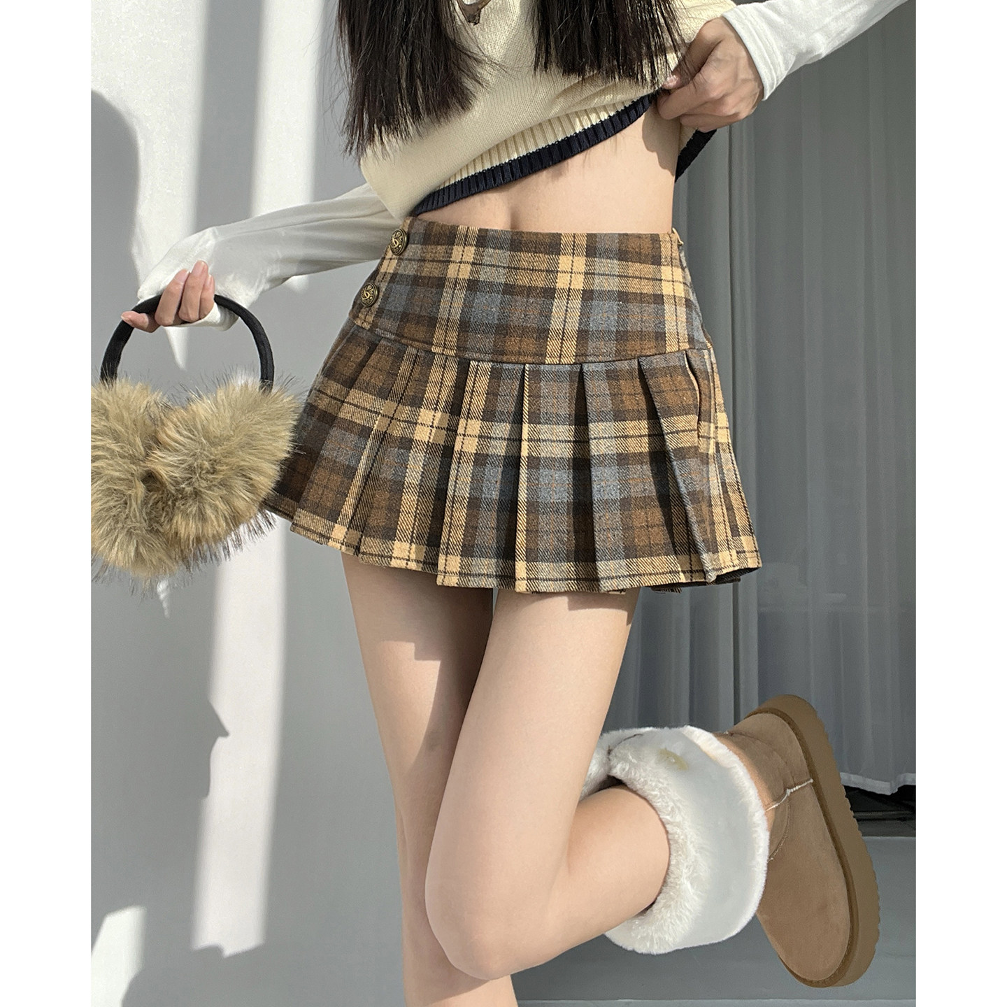 美式复古棕色裙子学院风格子半身裙a字裙女排扣设计百褶裙短裙,女装/女士精品,半身裙,淘宝优惠券,粉丝福利购,淘宝优惠卷