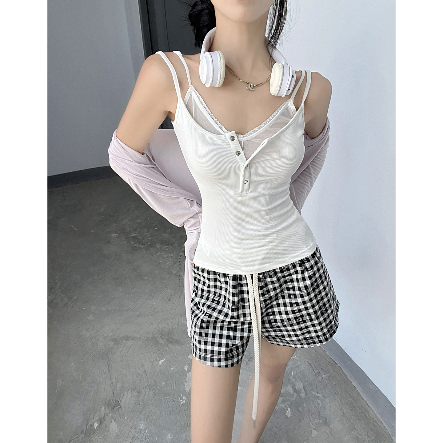 MianCun甜辣修身假两件半开领吊带背心纯欲花边网纱无袖打底上衣