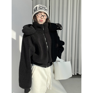 MianCun冬季加厚保暖连帽卫衣拉链开衫短款休闲羊羔绒毛毛外套女