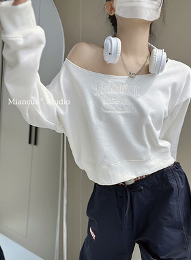 MianCun悠然舒适派美式露肩运动卫衣女辣妹松弛感刺绣短款上衣