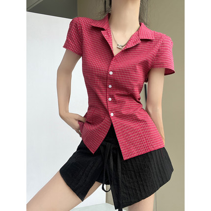美式辣妹红色格子翻领短袖衬衫女夏季修身收腰衬衣设计感短款上衣