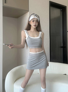 MianCun易梦玲同款显瘦百搭拼色假俩件瑜伽背心瑜伽短裙套装女