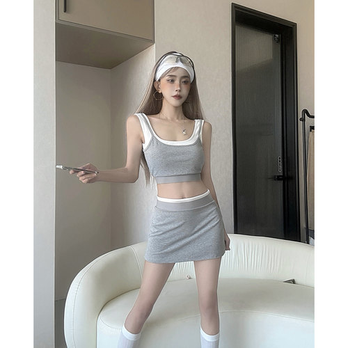 MianCun易梦玲同款显瘦百搭拼色假俩件瑜伽背心瑜伽短裙套装女