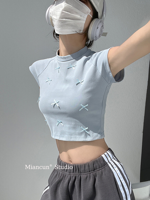 多巴胺蓝色蝴蝶结短袖t恤女
