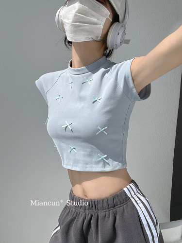 多巴胺蓝色蝴蝶结短袖t恤女