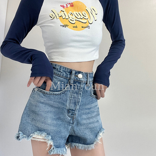 欧美风显腿长毛边破洞牛仔短裤女夏季复古高腰显瘦阔腿a字热裤潮