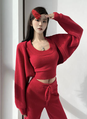 新年圣诞红色毛绒简约运动风长袖针织衫套装女减龄阔腿裤两件套
