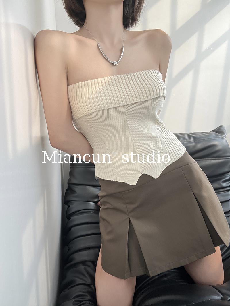 肌理感法式性感修身抹胸上衣女