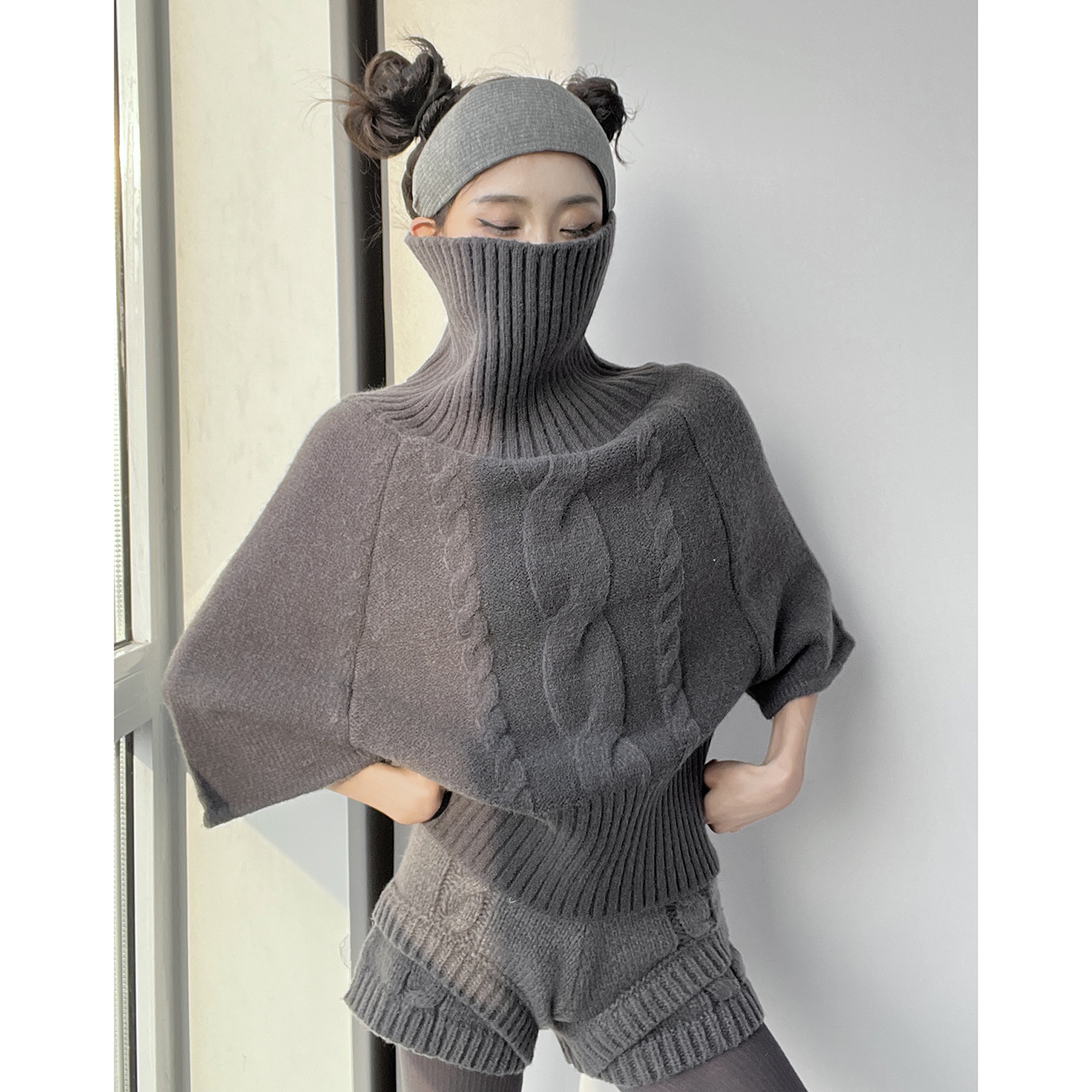 MianCun 麻花针织套头斗篷毛衣女秋冬宽松高领打底仿羊毛针织衫女