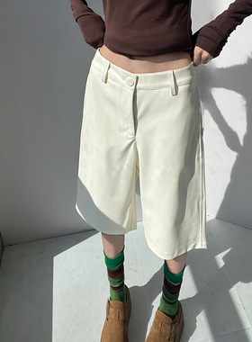 好版型高腰阔腿五分裤皮裤女春夏新款气质简约宽松显瘦百搭休闲裤