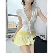 MianCun撩精嗲妹蕾丝花边短袖 上衣 性感V领绑带短款 t恤女夏季 新款