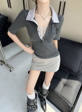 MianCun假两件蕾丝拼色polo领掐腰中短袖T恤夏高智通勤海妖风上衣