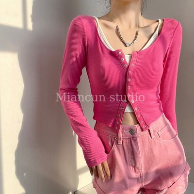 长袖假两件排扣针织开衫