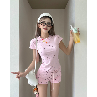 MianCun波点印花短款正肩短袖t恤女夏季弹力修身外穿运动热裤套装
