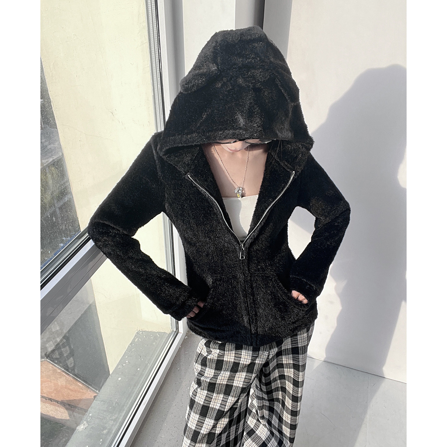 韩系甜美毛茸茸熊耳朵连帽拉链卫衣女春秋软糯修身设计感外套上衣