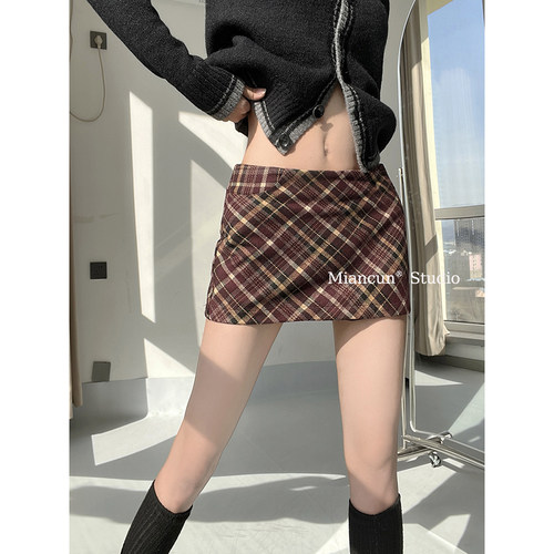 美式复古格子防走光修身半身裙女春夏新款修身a字包臀显瘦短裙子