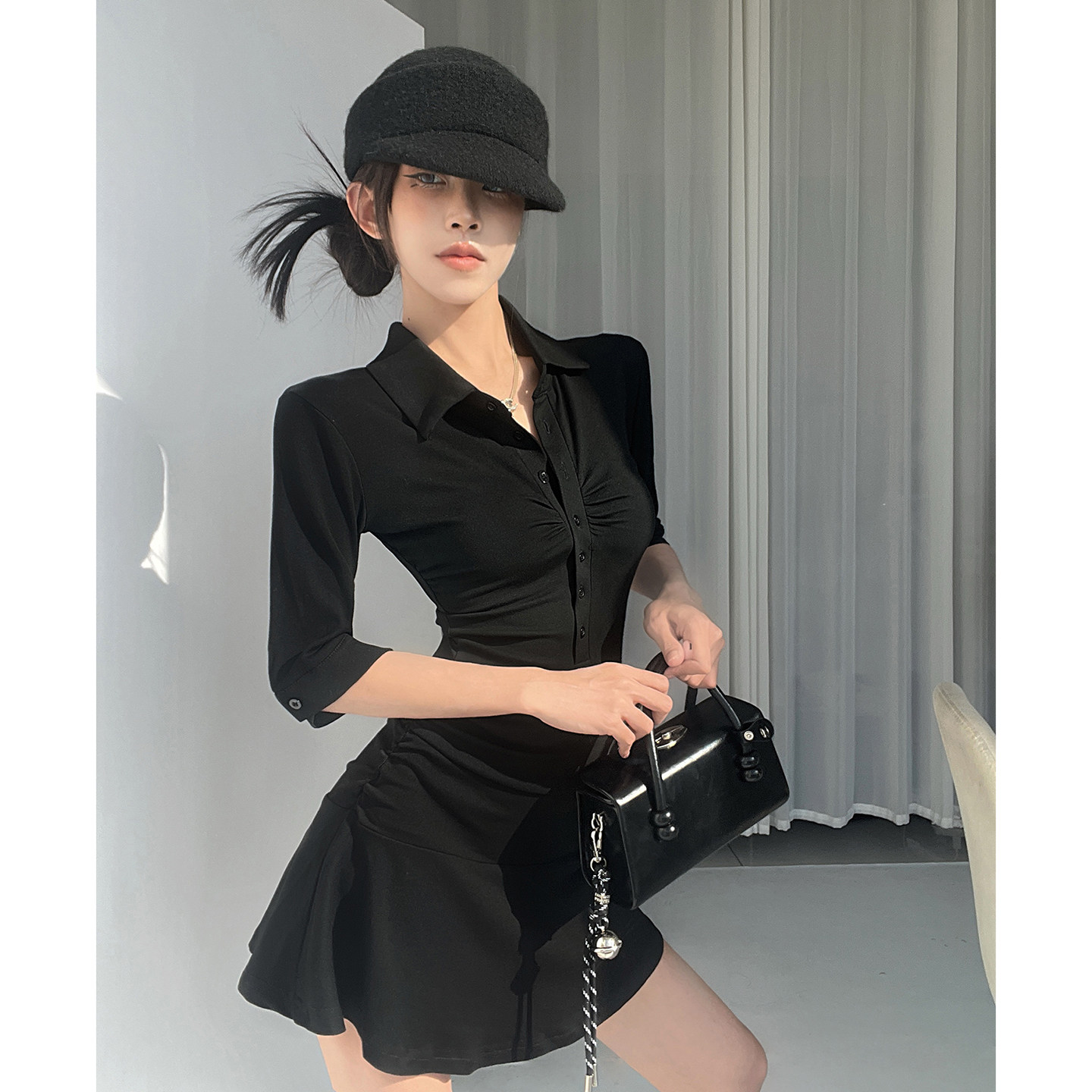 MianCun收腰褶皱短款连衣裙女夏季美式运动风polo领收腰减龄伞裙