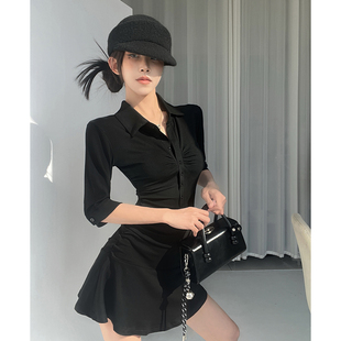 MianCun收腰褶皱短款连衣裙女夏季美式运动风polo领收腰减龄伞裙