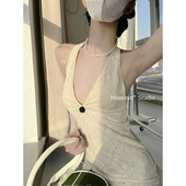 法式 复古简约百搭挂脖连衣裙女夏深V性感露背蕾丝修身 显瘦短裙